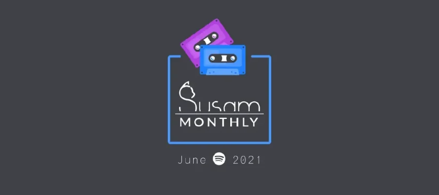 susam A dark gray graphic features two cassette tapes, one purple and one blue, above a blue square. Inside the square, text reads "Slisom Monthly" with a stylized "S." Below are the words “June 2021” with the Spotify logo between them.