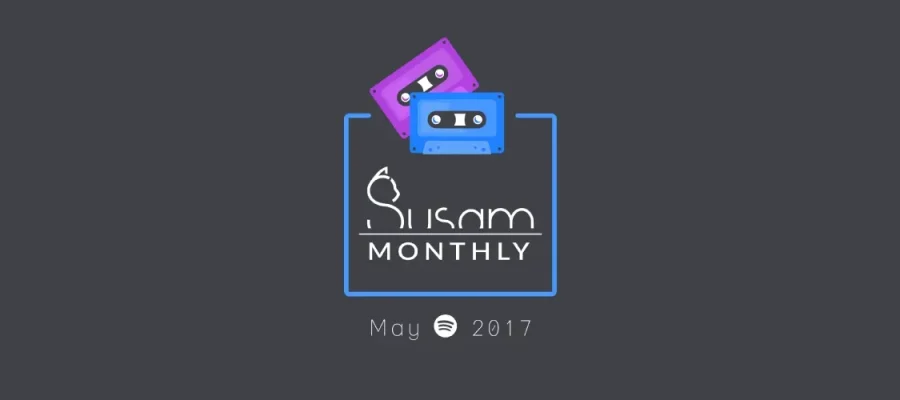 susam A dark grey background features two cassette tapes, one purple and one blue, stacked above a blue-bordered square. Inside the square, “Blissam MONTHLY” is written in white. Below, white text reads “May 2017” with the Spotify logo between the words.