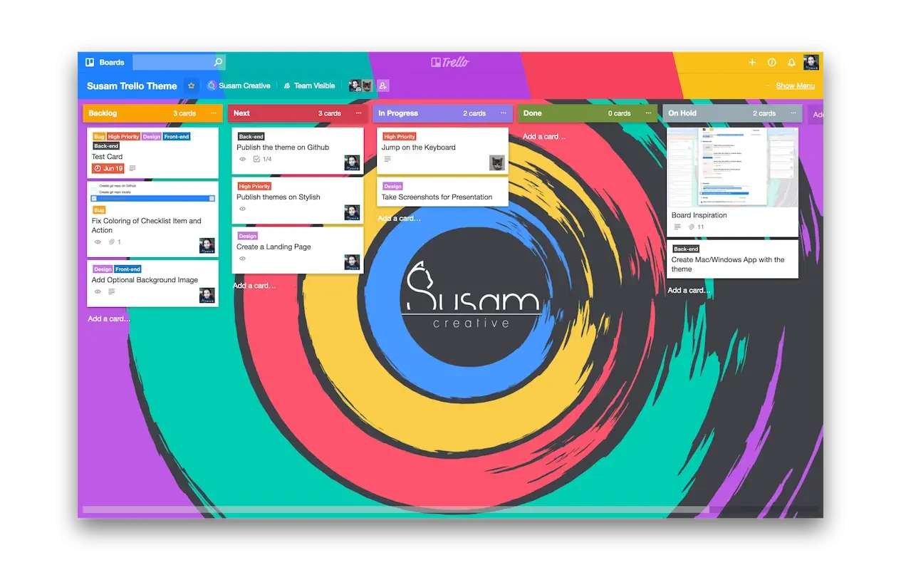 susam A colorful Trello board with lists labeled Susam Trello Theme, Susam Checklist, In Progress, Review, and Done. Cards with tasks and attachments are visible.